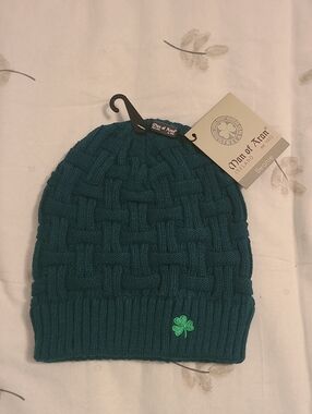 Teal Knit Beanie with Clover Accent